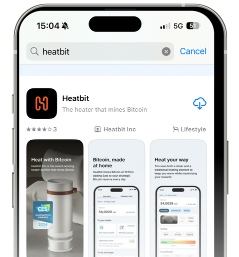 Phone screen displaying the Heatbit app on an app store