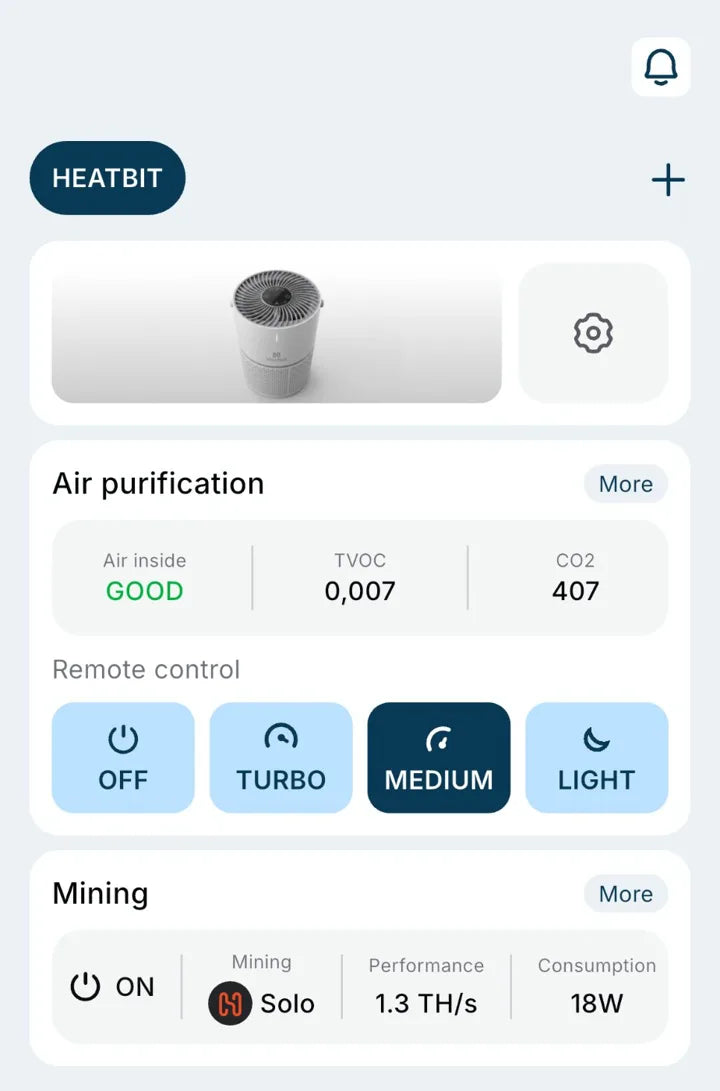 Heatbit app home — air purification controls and mining status