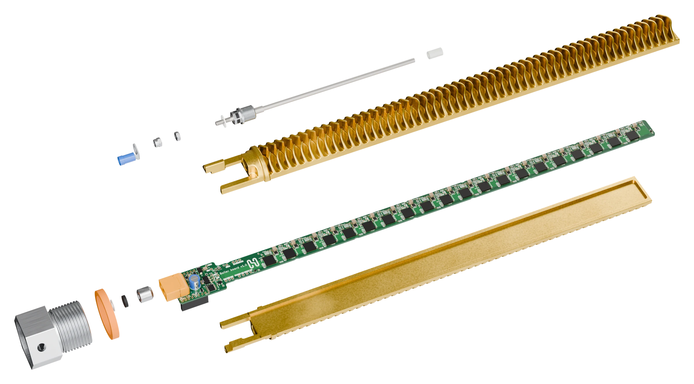 Inside the Bitwater element: Eco Brass heatsink, mining board with twenty chips, brass base, temperature probe and screw-in head