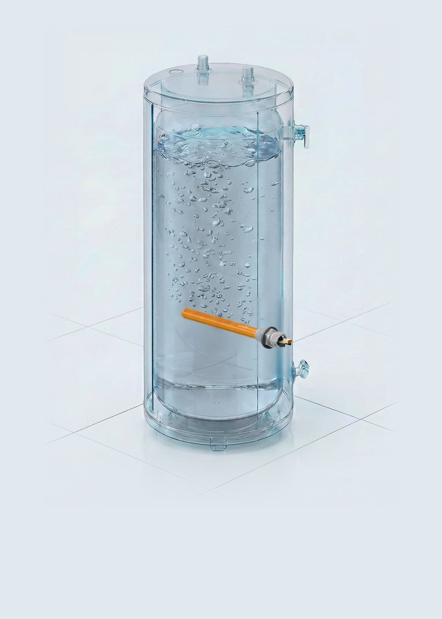 Bitwater — Bitcoin-mining water heater element installed in a transparent electric tank