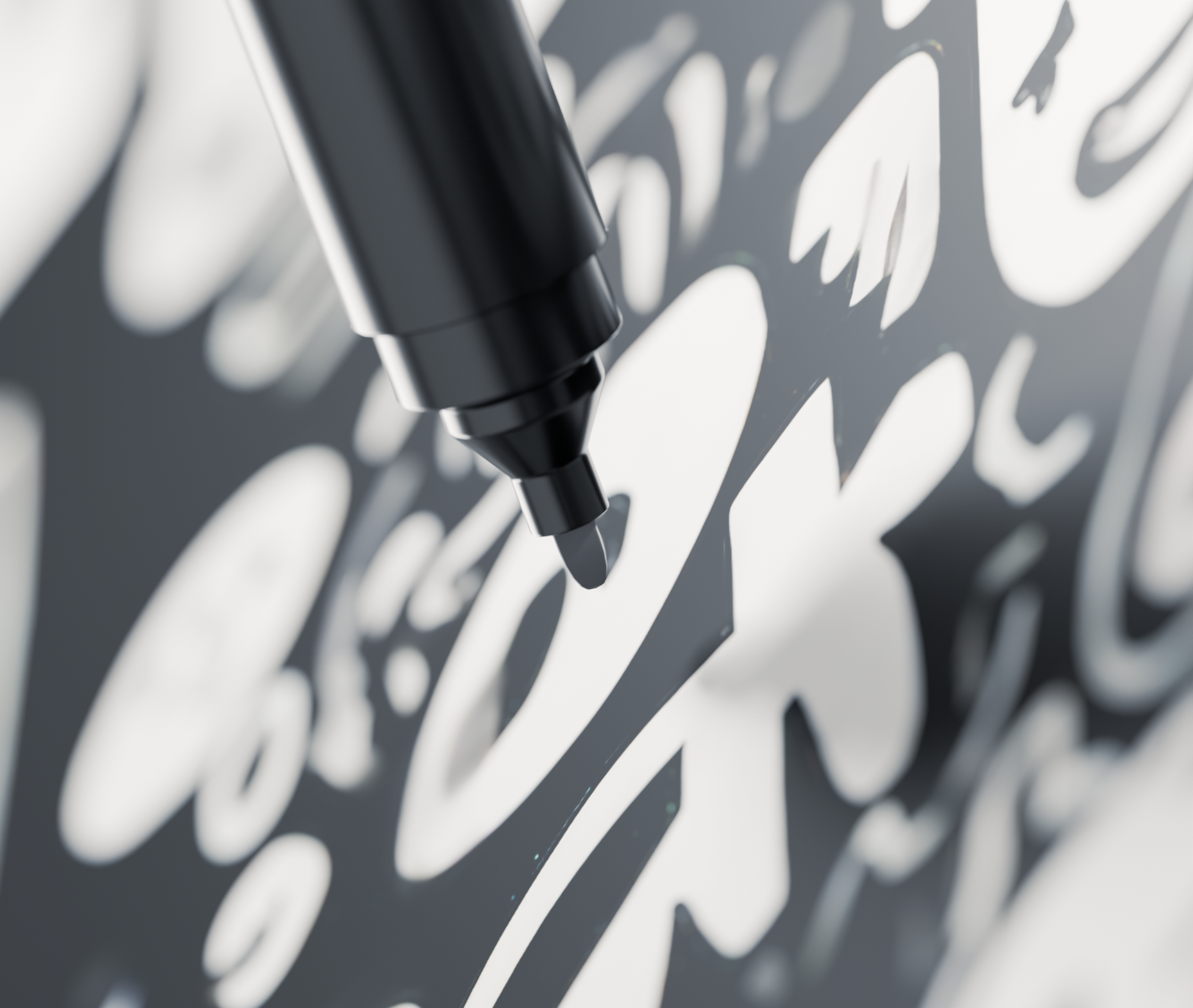 Black marker pen drawing on Heatbit Canvas crypto mining heater with white abstract shapes on a black background