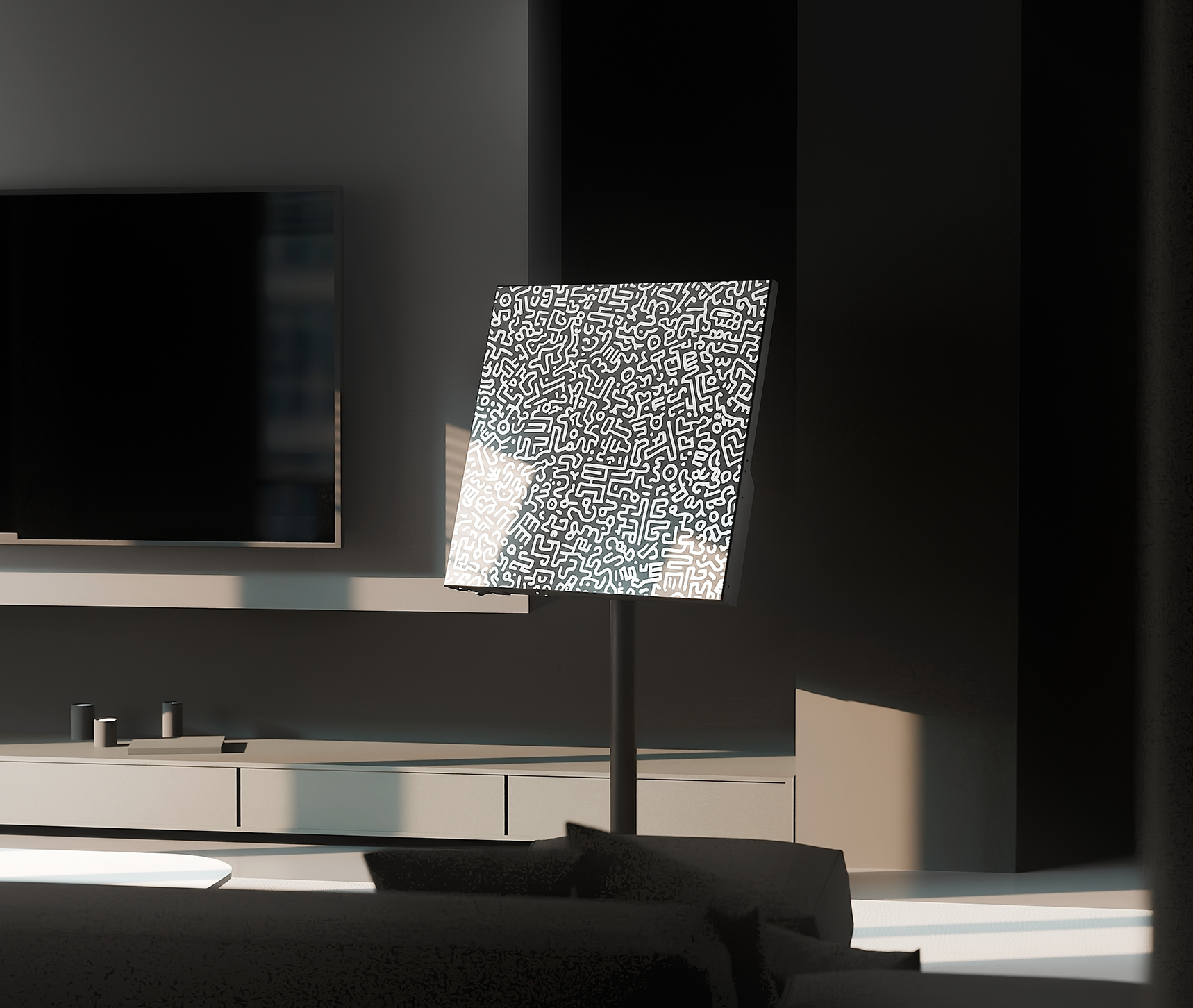 Heatbit Canvas crypto mining heater with geometric pattern on a dark background standing in the center of the room