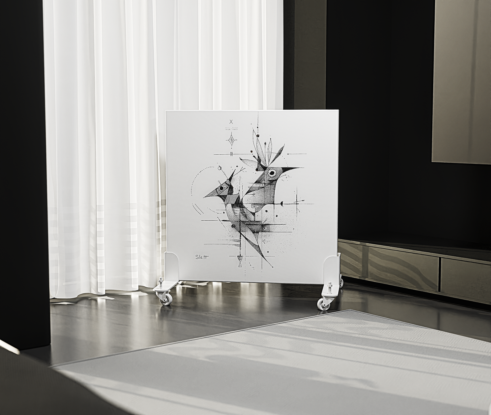 Heatbit Canvas crypto mining heater on wheels with decorative abstract artwork in modern room