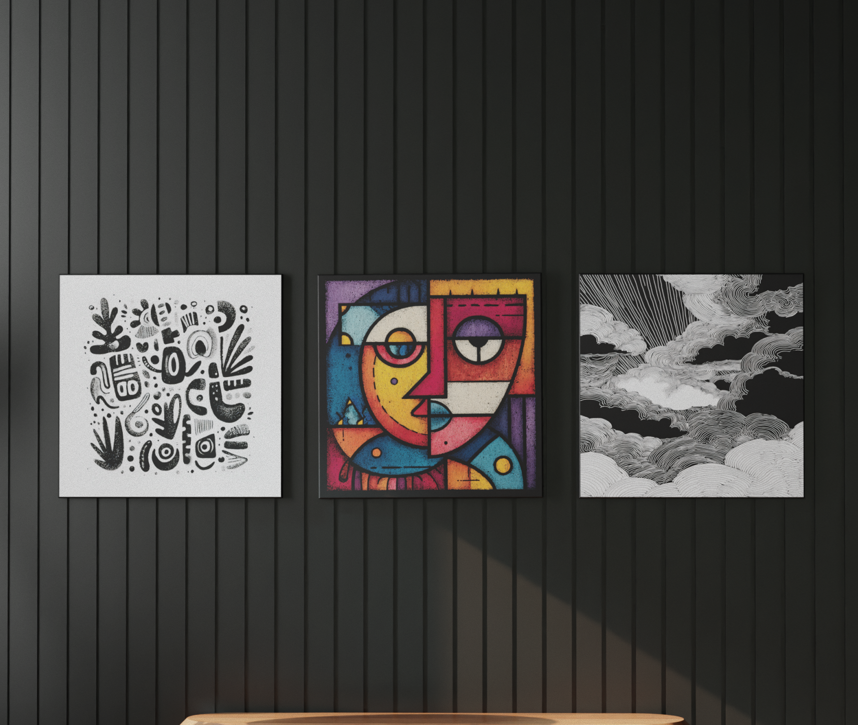 Three Heatbit Canvas heaters with abstract artworks on a black paneled wall